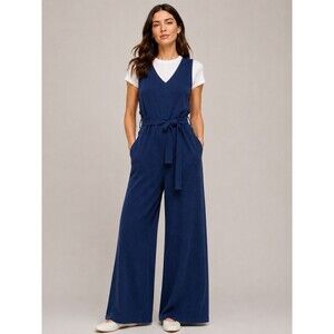 Alex Mill Ollie Wool Cotton Knit Blue Belted Wide Leg Jumpsuit Minimalist Size S